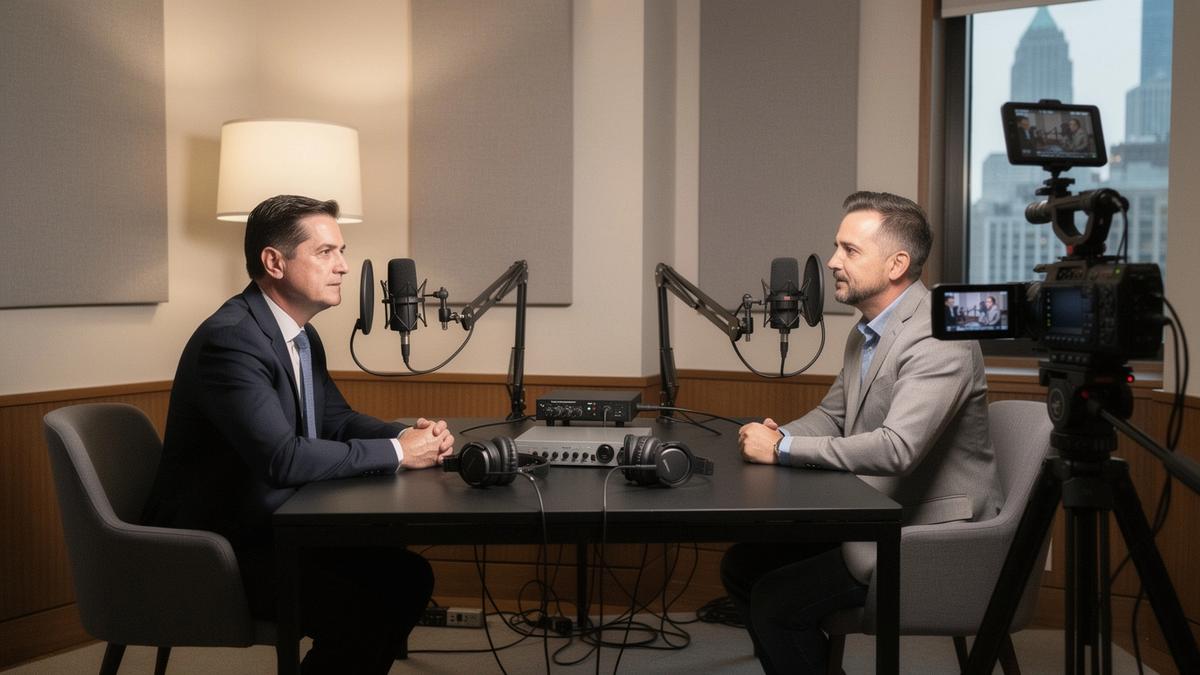 Podcast studio s professionalnymi mikrofonami, svetom i zonoy dlya interv'yu